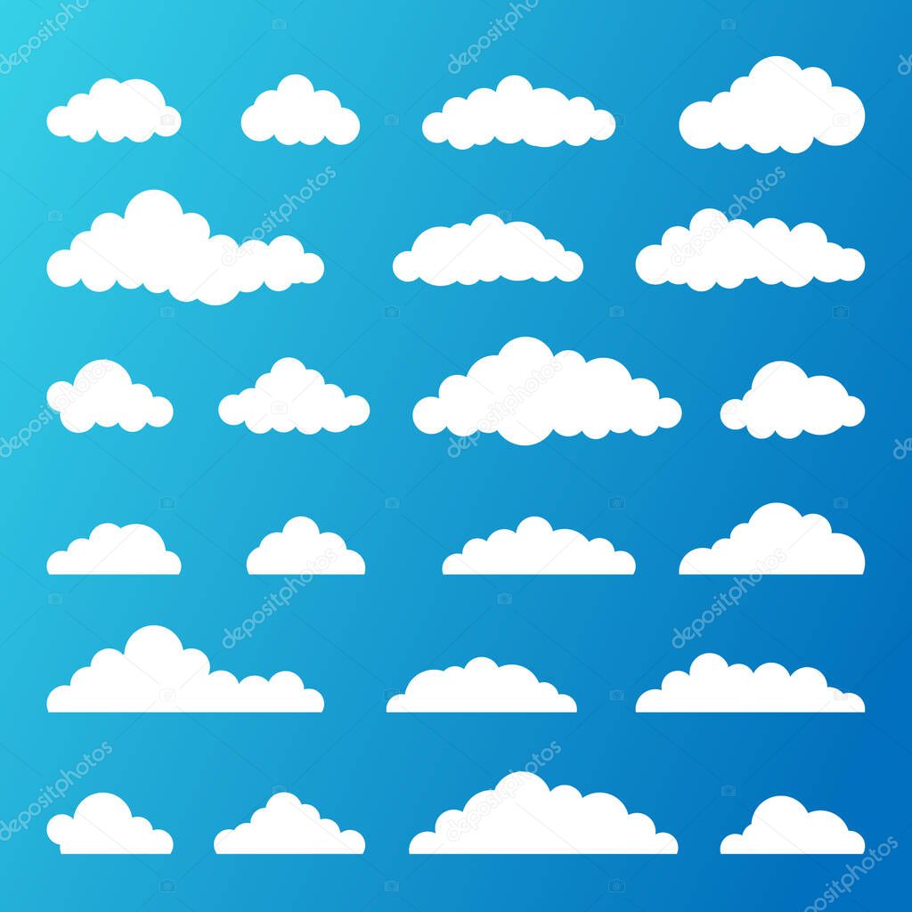 Set of White Clouds on a Blue Background. Vector Illustration. Collection cloud graphic element for Web, App design. Flat nature Cloudscape Weather Symbols