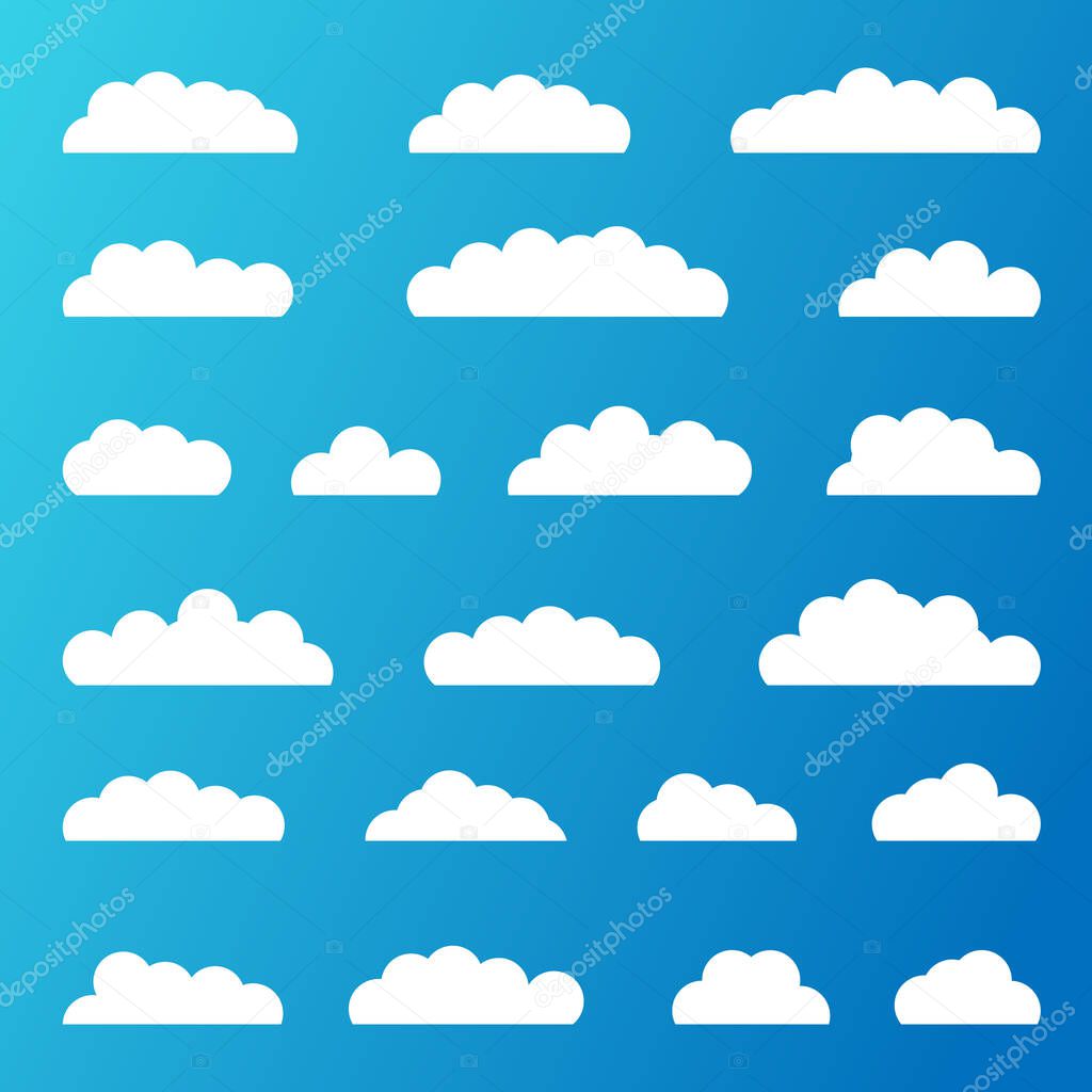 Set of White Clouds on a Blue Background. Vector Illustration. Collection cloud graphic element for Web, App design. Flat nature Cloudscape Weather Symbols