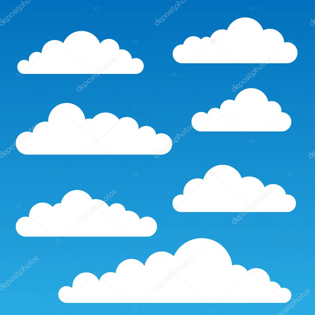 Set of White Clouds on a Blue Background. Vector Illustration. Collection cloud graphic element for Web, App design. Flat nature Cloudscape Weather Symbols