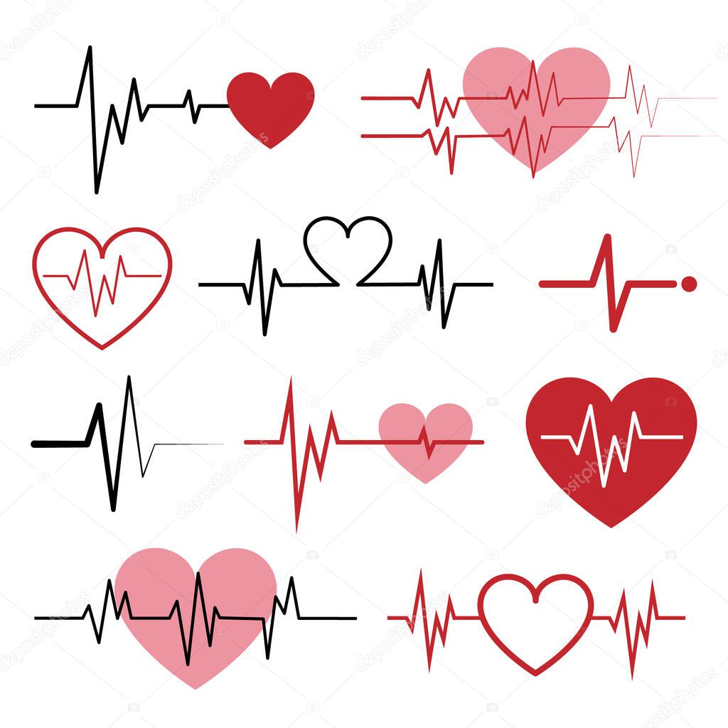 Set of Cardiogram Icons isolated on White. Vector Illustration. Flat Style. Simple Icons for Medical, Hospital, Cardio, Health, Heart, Love, Gift, Cardiogram of Love Decorative Design.