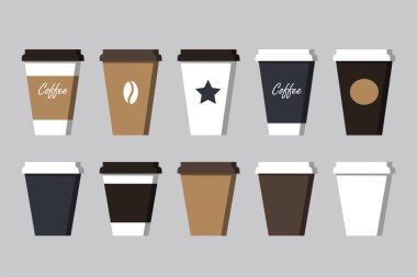 Kahve fincanı seti - Kafe için model şablon, Restoran marka kimlik tasarımı. Düz stil. Siyah, beyaz, kahverengi karton kahve fincanı. Sıcak İçecekler için tek kullanımlık plastik ve kağıt masa takımı vektör şablonu