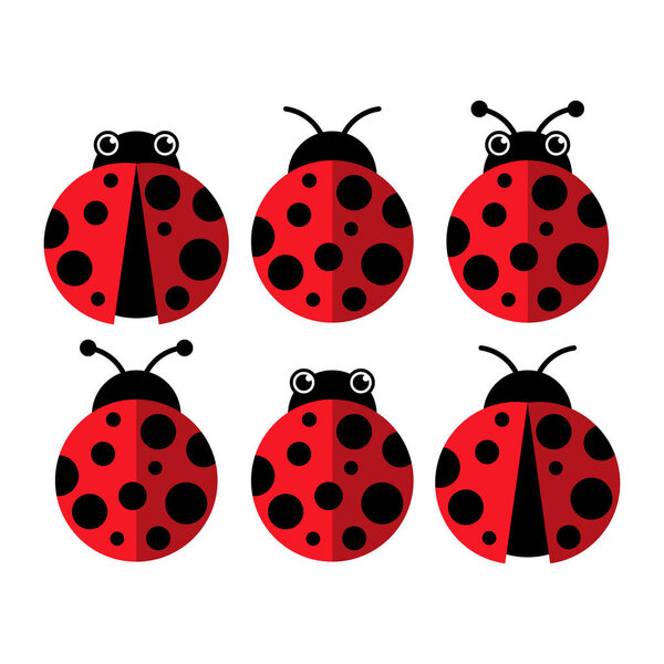 Набор векторной иллюстрации божьей коровки, изолированный. Симпатичный простой плоский дизайн черно-красный жук леди
.