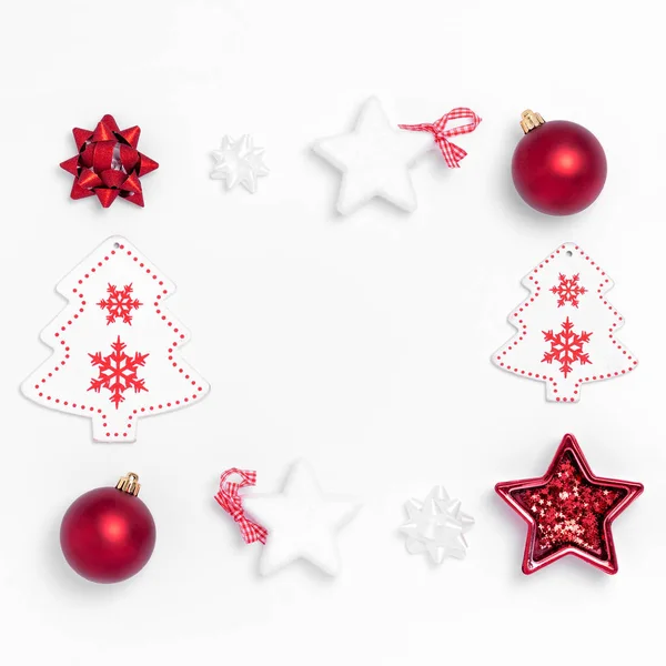 New Year and Christmas composition. Frame on white background. Top view, flat lay, copy space — Stock Photo, Image