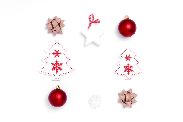 New Year and Christmas square composition on white background. Top view, flat lay, copy space — Stock Photo, Image