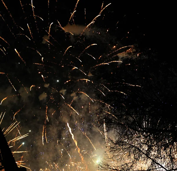 Explosión de fuegos artificiales de colores en el cielo oscuro noche —  Fotos de Stock