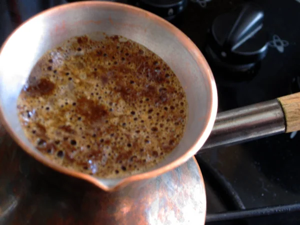 Barista Preparing Hot Tasty Drink Copper Turk Boils Water Coffee — Stock Photo, Image