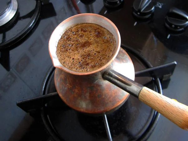 Barista Preparing Hot Tasty Drink Copper Turk Boils Water Coffee — Stock Photo, Image