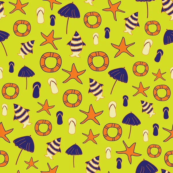 Vector chartreuse tropical beach scene seamless pattern background — 스톡 벡터