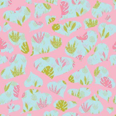 Vektör pembe kalp, tropikal yaprakları pürüzsüz desen arkaplanı kaplar