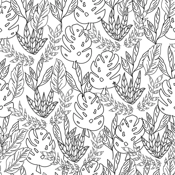 Vektor svart och vitt övergripande tropiska blad sömlös mönster bakgrund — Stock vektor