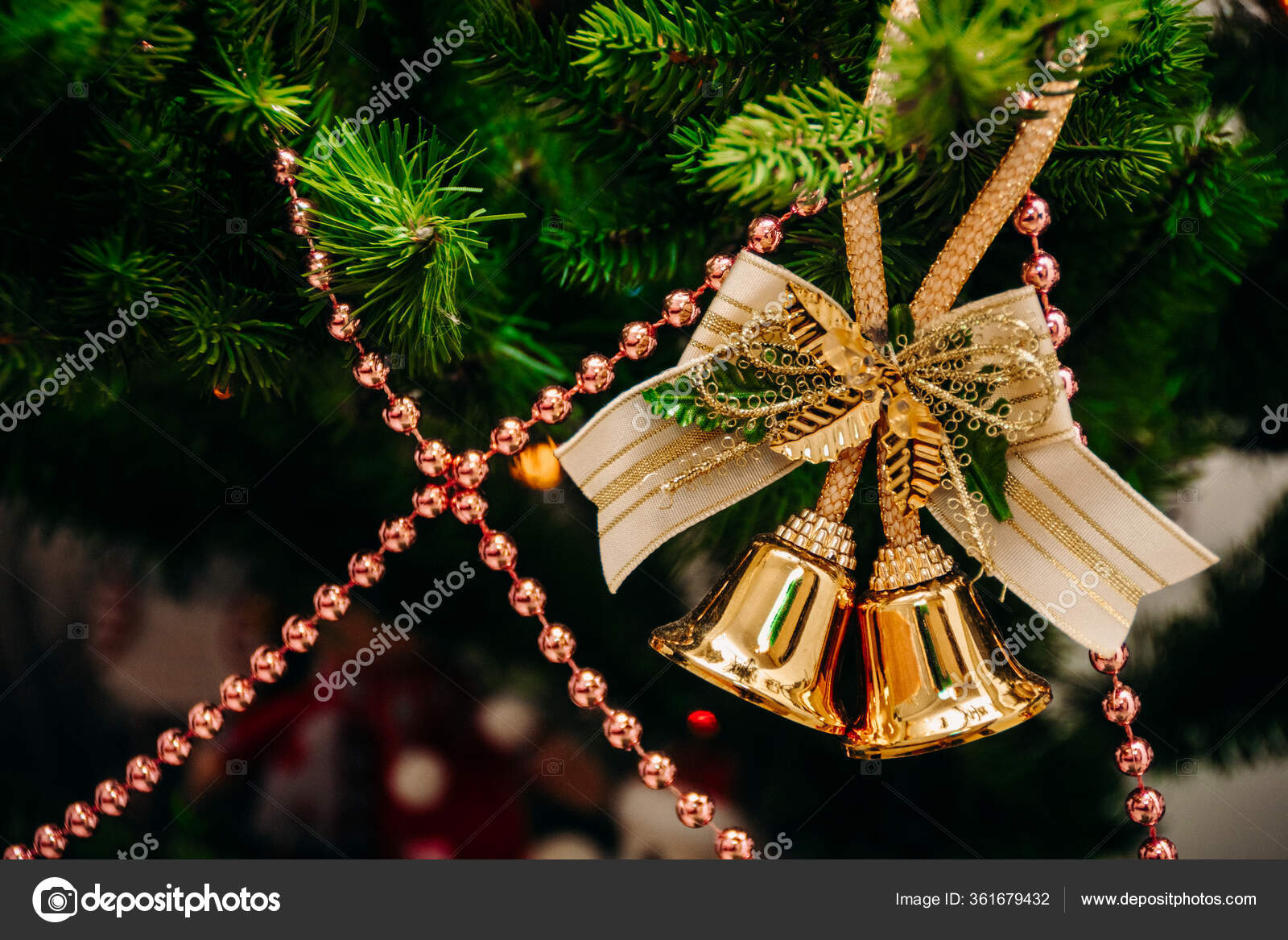 Bells Hang Branch Christmas Tree Background Pink Beads Stock Photo C Wigandt 361679432