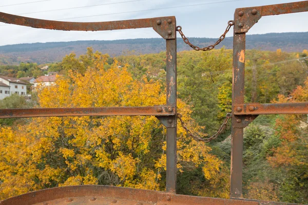Valla de metal no es un fondo de árboles de follaje amarillo . — Foto de Stock