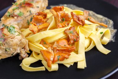 Tagliatelle chanterelles ve siyah bir plaka üzerinde demlenmiş tavşan. yan ve üst görünümden. İtalyan makarna