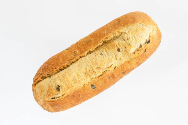 Bread on a white background top view. European bread loaf of wheat flour with the addition of olive slices. — Stock Photo, Image