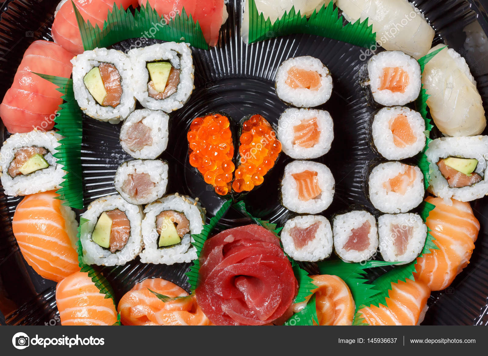 A Large Set Of Sushi And Rolls View From Above Lot Food In One Plate Dishes Raw Fish Japanese FoodA Dish Romantic Style I Love You