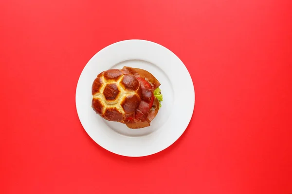 Um sanduíche com um pão redondo em um fundo brilhante. Vista superior de comida de uma imagem a cores. Comida no estilo da arte — Fotografia de Stock