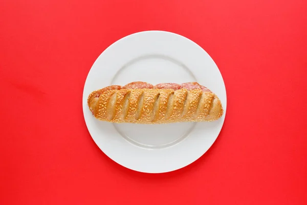 One sandwich of French baguette on a bright background. Food top view of a color image. Food in the style of art — Stock Photo, Image