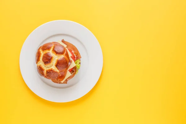 Um sanduíche com um pão redondo em um fundo brilhante. Vista superior de comida de uma imagem a cores. Comida no estilo da arte — Fotografia de Stock