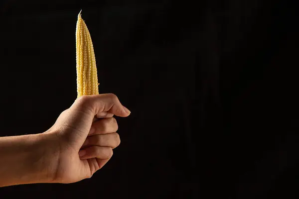 Girl Hand Holding Corn Black Background — Stock Photo, Image