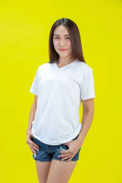 Beautiful Woman White Shirt Yellow Background — 图库照片