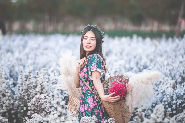 Happiness Beautiful Woman Holding Flower Basket Flower Garden — Stock fotografie