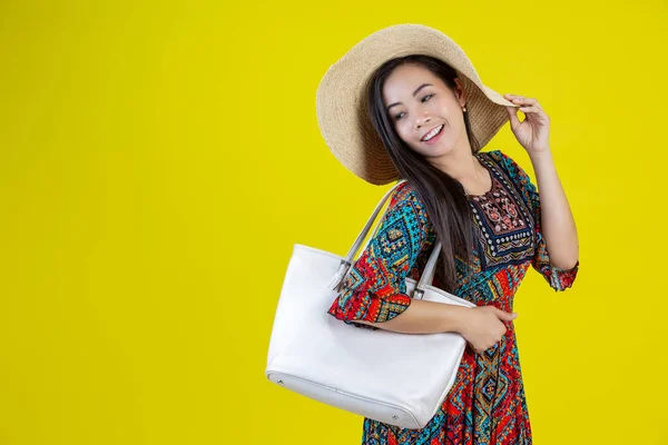 Beautiful Woman Bag Yellow Background — Fotografia de Stock