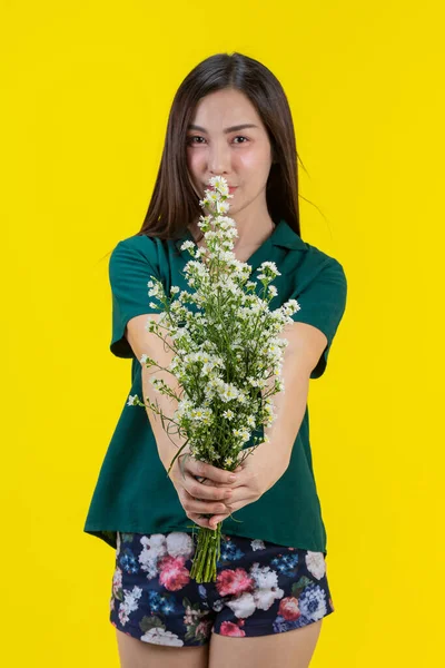 beautiful woman reach out flower on her hands on yellow background