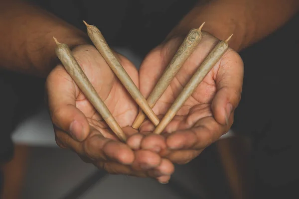 Four Marijuana Joints Hands — Stock Photo, Image