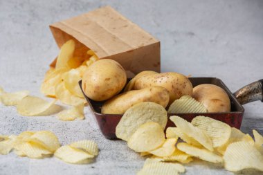 Gri zeminde taze patates ve patates cipsi.