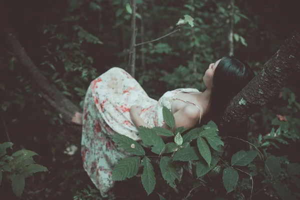 Vintage Picture Beautiful Woman Lay Tree Park — Stockfoto