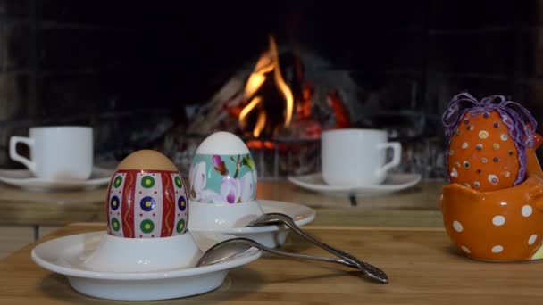 Easter Holiday Multicolored Eggs Stand Stands Teaspoons Next Tea Cups — Stock Video