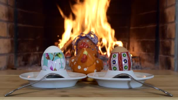Easter Holiday Multicolored Eggs Stand Stands Teaspoons Background Fireplace Flame — Stock Video