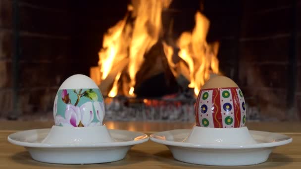 Easter Holiday Multicolored Eggs Stand Stands Background Fireplace Flame — Stock Video