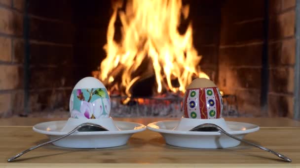 Easter Holiday Multicolored Eggs Stand Stands Teaspoons Background Fireplace Flame — Stock Video