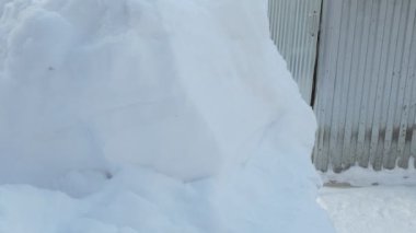 Kar temizliği. Bir adam karları kürekle temizler. Sibirya 'da. Kapat..