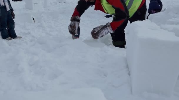 Igloo Adamın Biri Igloo Yapmak Için Demir Testeresiyle Kar Bloğunu — Stok video