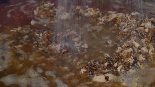 Basit Bir Yemek Aşçı Karabuğday Lapasını Tavuk Eti Baharatlarla Karıştırıyor — Stok video