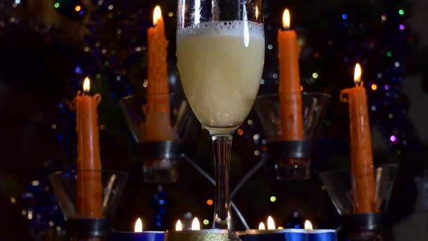 Christmas New Year Stream Champagne Poured Glass Which Stands Background — Stock Video