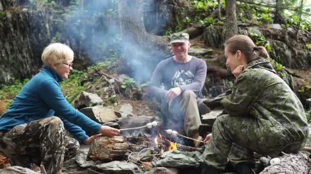 Aventures Dans Nature Deux Femmes Heureuses Homme Près Feu Camp — Video