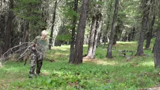 Adventure Nature Survival Woman Carries Bundle Firewood Siberia — Stock Video