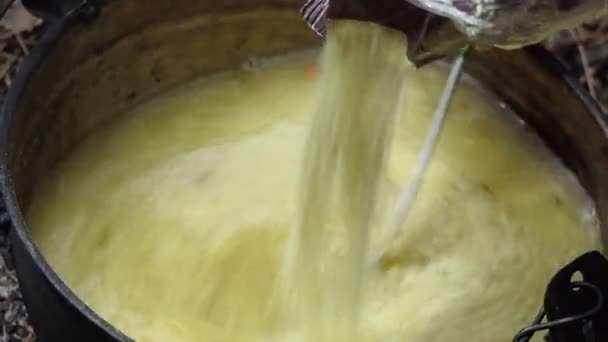 Mezcla Patatas Liofilizadas Con Caldo Caliente Cerca Siberia — Vídeo de stock