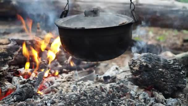 Aventuras Naturaleza Comida Simple Cocina Una Olla Sobre Fuego Siberia — Vídeo de stock