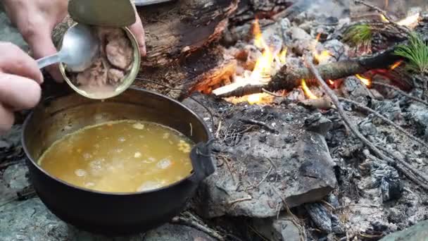 自然の中で冒険 簡単な食事だ 生存だ 男は火で調理されたスープに缶詰の魚を追加します シベリア — ストック動画