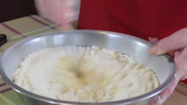 Basit yemek, turta yapmak. Bir kadın hamur yapmak için un ve malzemeleri bir kasede karıştırmak için kaşık kullanır. Kapatın. Sibirya.