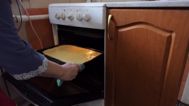 Απλό Φαγητό Ζαχαροπλαστική Βάζουμε Ταψί Ζύμη Στο Φούρνο Για Ψήσιμο — Αρχείο Βίντεο