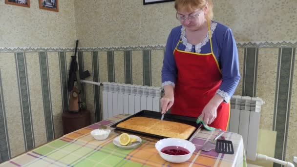 Basit Yemek Turta Yapmak Kadın Turtayı Sıcak Bir Yemek Tepsisine — Stok video