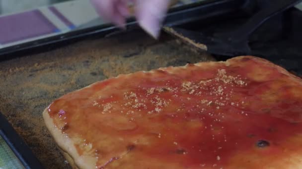Απλό Φαγητό Ζαχαροπλαστική Γυναίκα Ρίχνει Ψίχουλα Πάνω Στο Κέικ Πασαλειμμένα — Αρχείο Βίντεο