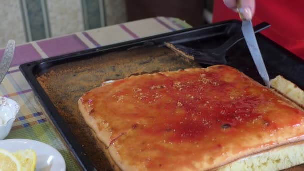 Simple Food Pie Making Woman Cuts Edge Baked Cake Smeared — Stock Video