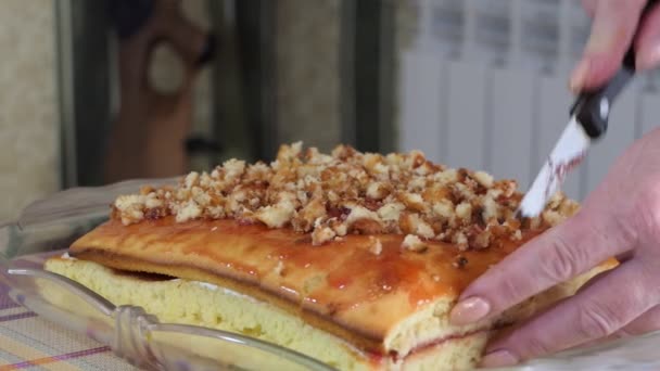 Απλό Φαγητό Ζαχαροπλαστική Μια Γυναίκα Κόβει Μια Σπιτική Πίτα Μαχαίρι — Αρχείο Βίντεο