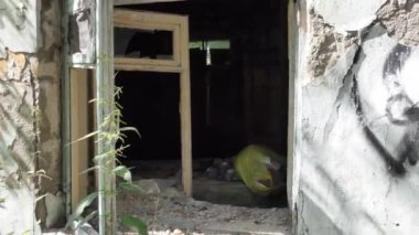 Paranormal bir yer, paranormal, kamera kırık pencereye yaklaşıyor, ormandaki terk edilmiş evin içine bakıyor. Sibirya.